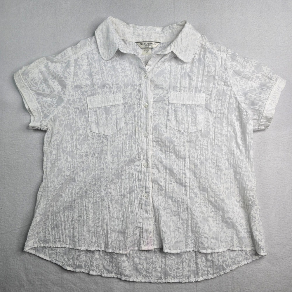 Allison Daley Petite White Floral Textured Button Up Shirt Blouse Women's 14P